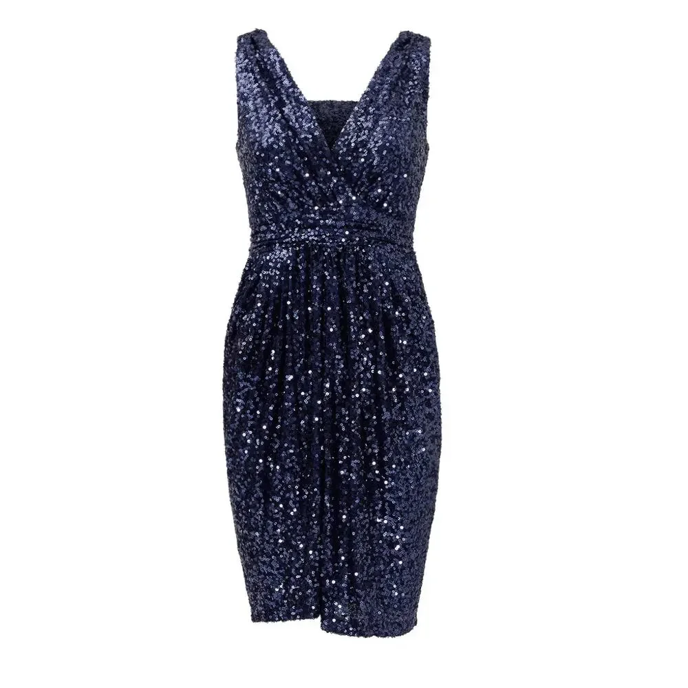 Badgley Mischka Blue Sequin Sheath Dress Size 6 Ruched Designer Cocktail $395 - Picture 5 of 9